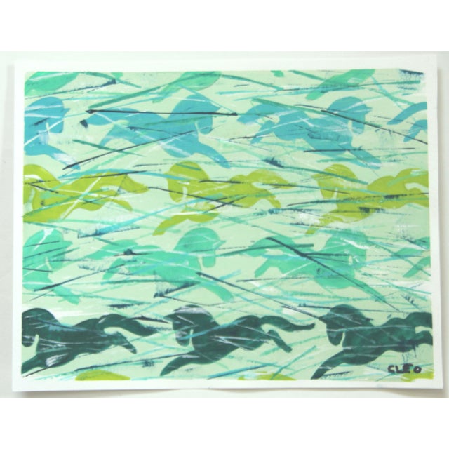 Impressionist leaping Folk Art horses, in shades of green. Coordinating paintings show here must be purchased separately....