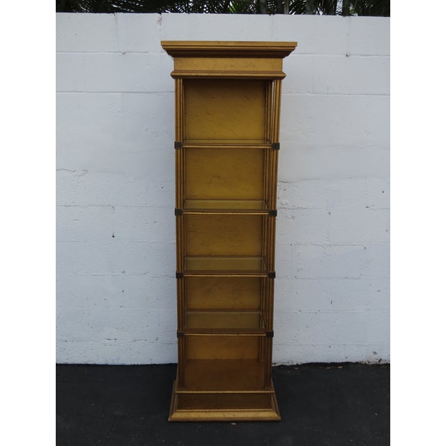 Wood Hollywood Regency Tall Narrow Distressed Gold Display Shelf Cabinet 6661 For Sale - Image 7 of 15