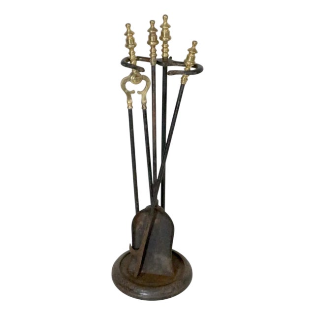 Late 20th Century 4-Piece Brass and Iron Fireplace Tool Set by Rostrand For Sale