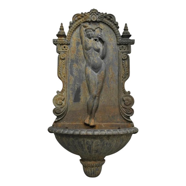 Mid 20th Century Vintage French Neoclassical Cast Iron Nude Maiden Wall Mounted Garden Fountain For Sale