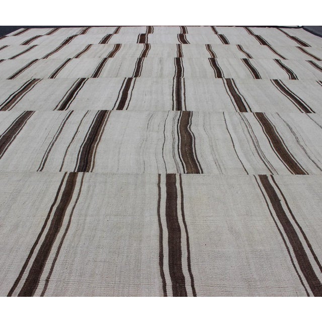 Mid 20th Century Large Vintage Turkish Kilim Rug With Vertical Stripes in Cream and Brown Stripes For Sale - Image 9 of 13