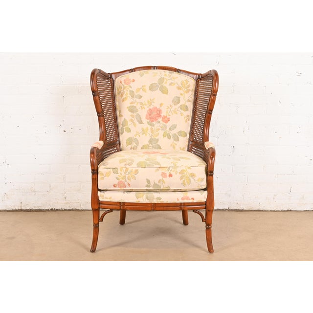 Ethan Allen Regency Faux Bamboo and Cane Wingback Upholstered Lounge Chair For Sale - Image 12 of 12