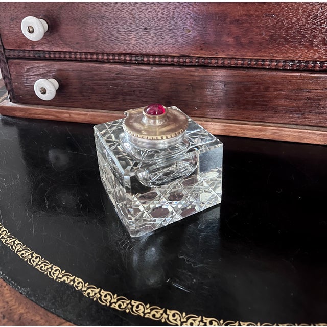 Vintage Cut Crystal Inkwell W/Brass Lid and Red Gemstone For Sale - Image 12 of 12