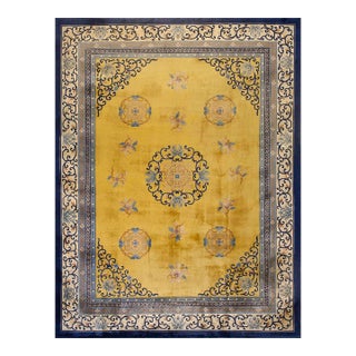 1920s Yellow Safrron Medallion Antique Chinese Peking Carpet 9'' X 12' Knotted Wool Rug For Sale