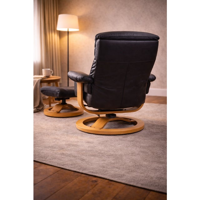 Set of Vintage Scandinavian Lounge Chair with Ottoman in Black Leather and Wood Frame, 1980s For Sale - Image 12 of 15