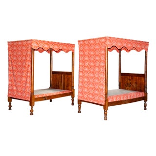 Pair 18th Century Antique French Provincial Four Poster Tester Canopy Cherry Twin Beds 1780 For Sale