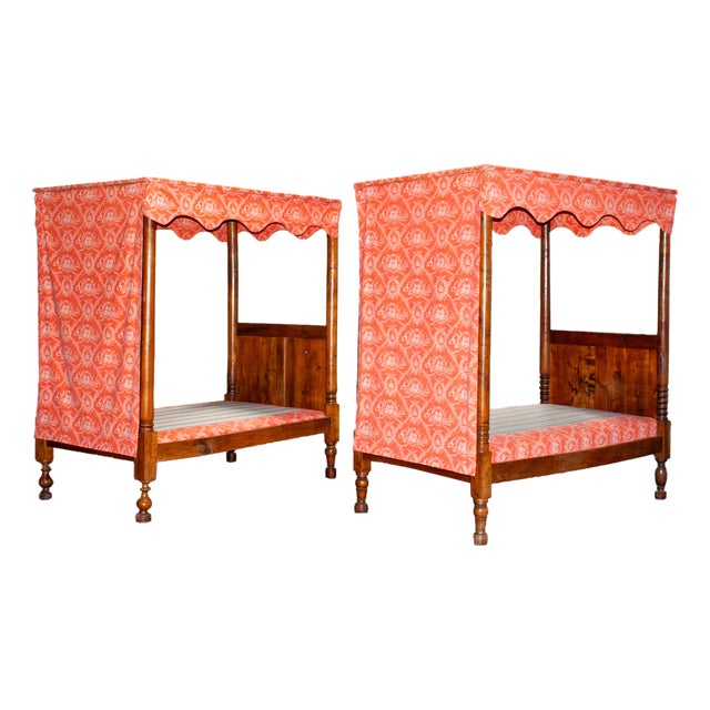 Pair 18th Century Antique French Provincial Four Poster Tester Canopy Cherry Twin Beds 1780 For Sale