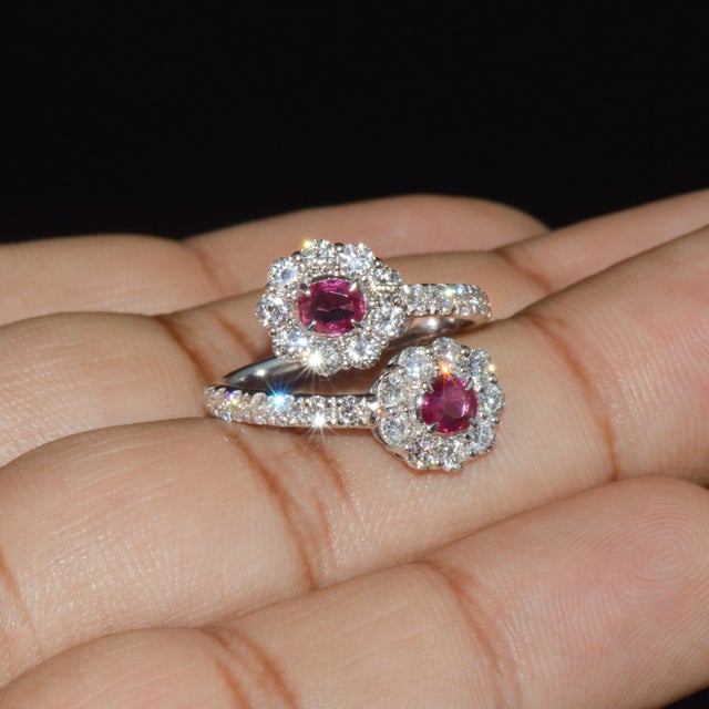 Certified Natural 2.08cts Ruby & Diamond Floral Bypass Halo Ring in Solid 18k White Gold, Size 5.5 For Sale - Image 10 of 12