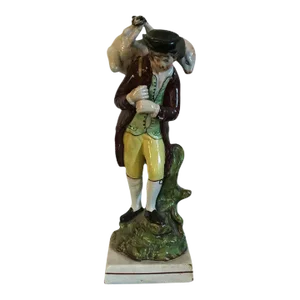 Antique Early 19th Century English George III Staffordshire Pearlware Figure of a Shepherd Carrying His Sheep 1810