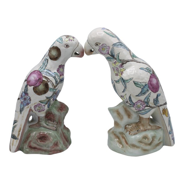 Large Mid Century Famille Rose Chinese Export Parrot Figurines - Set of Two For Sale