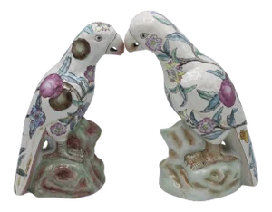 Large Mid Century Famille Rose Chinese Export Parrot Figurines - Set of Two
