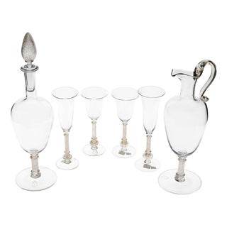 Gold Leaf and Murano Stemmed Glasses, Pitcher and Bottle attributed to Fuin, 1990s, Set of 6 For Sale