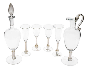 Gold Leaf and Murano Stemmed Glasses, Pitcher and Bottle attributed to Fuin, 1990s, Set of 6