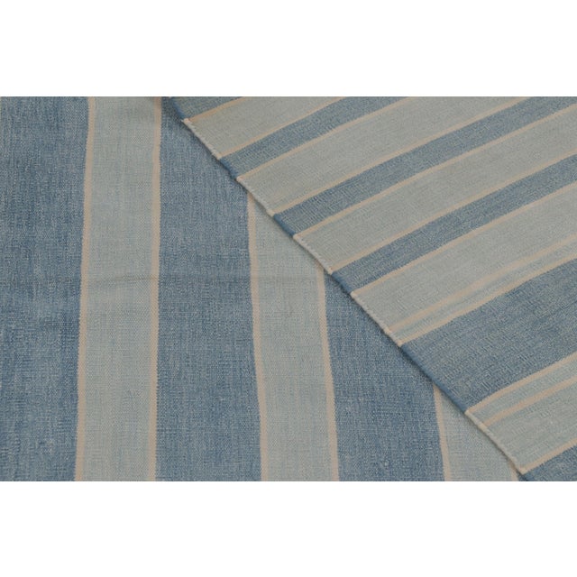 Textile Vintage Dhurrie Rug With Blue and Gray Geometric Stripes - Rug & Kilim For Sale - Image 7 of 9
