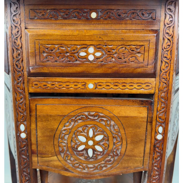 Wood Vintage Syrian Hexagonal Walnut and Bone Inlay Hand -Carved Center of End Table For Sale - Image 7 of 12