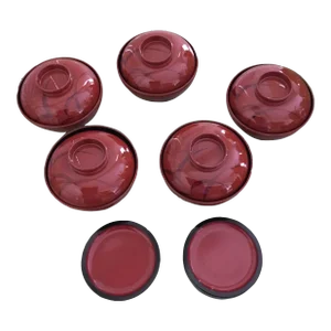 1990s Hand-Painted Red Lacquered Rice Bowls With Lids- Set of 5 With Original Box, Made in China