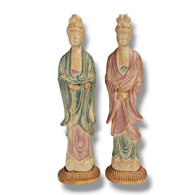 Pair of Mid-Century Chinese Hand-Carved Wooden Guanyin Figures – Painted Polychrome Finish, 23″ For Sale - Image 13 of 13