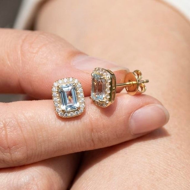 Contemporary Natural Aquamarine Earrings | Dainty Gemstone Stud Earrings | Luxury Bridal Wedding Jewelry - A Pair For Sale - Image 3 of 3