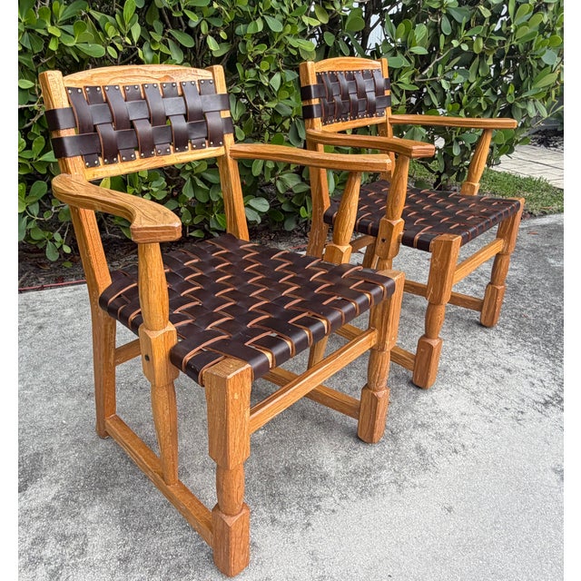Ranch Oak Vintage Mid-Century Ranch Oak Leather Strapped Arm Chairs - A Pair For Sale - Image 4 of 11
