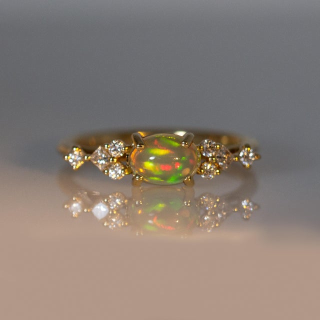 East West Opal Ring W Earth Mined Diamonds in Solid 14k Yellow Gold | Oval 8x6mm For Sale - Image 4 of 18