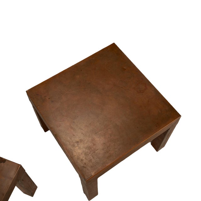 1970s Parsons Style Square Copper Cladded Low Side Accent Tables - A Pair For Sale - Image 9 of 11