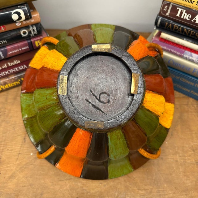 Green Brown, Green & Yellow Polychrome Basket with Rattan Handle For Sale - Image 8 of 17