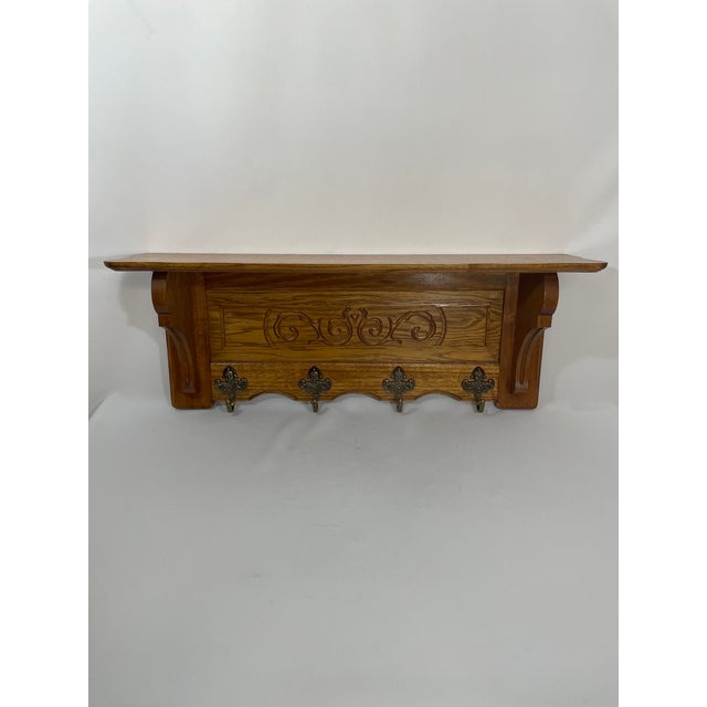 Vintage French Tiger Oak 27" Wall Shelf Coat and Hat Rack For Sale - Image 15 of 17