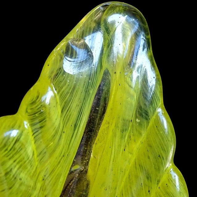 Glass Murano Italian Art Glass Bright Yellow Gold Flecks Leaf Shape Decorative Jewelry Trinket Dish For Sale - Image 7 of 7