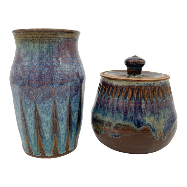 Pair of Minnesota Studio Pottery Vase and Lidded Pot Blue Glaze For Sale