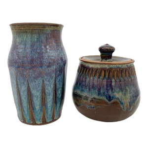 Pair of Minnesota Studio Pottery Vase and Lidded Pot Blue Glaze