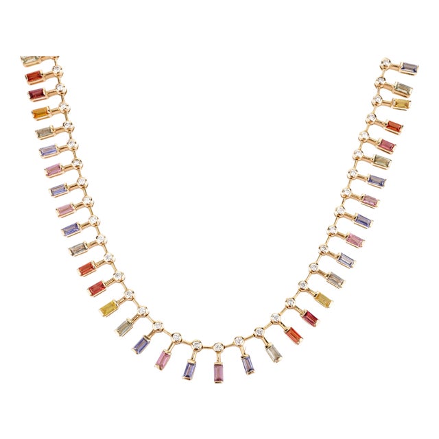 8.04 CTW Multi Sapphire and Diamond Wedding Necklace in 14k Solid Yellow Gold For Sale