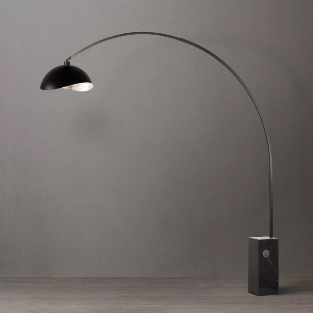 Mid-Century Modern Iconic 95" Arc Floor Lamp, Mid-Century Modern, Black Nickel, Black Marble Base, Drum Shade For Sale - Image 3 of 4