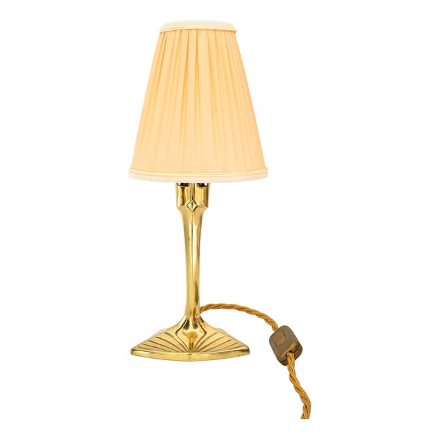 Art Deco Brass Table Lamp with Fabric Shade, 1920s For Sale