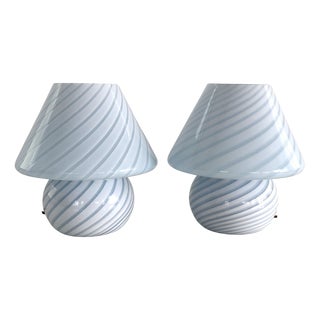 Vintage Italian Mushroom Table Lamps in Blue Swirl Glass, 1970s, Set of 2 For Sale