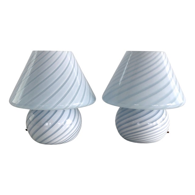 Vintage Italian Mushroom Table Lamps in Blue Swirl Glass, 1970s, Set of 2 For Sale