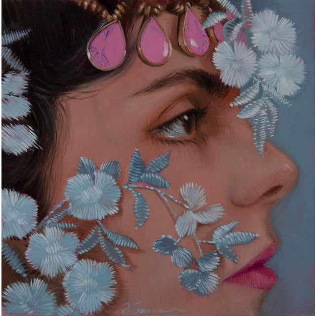 This artwork features a close-up profile of a woman's face, beautifully adorned with delicate flowers and striking...