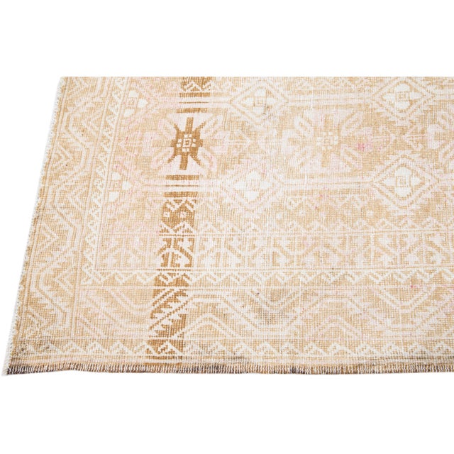 1960s Vintage Balouch Shabby Chic Beige Handmade Geometric Wool Rug For Sale - Image 4 of 8
