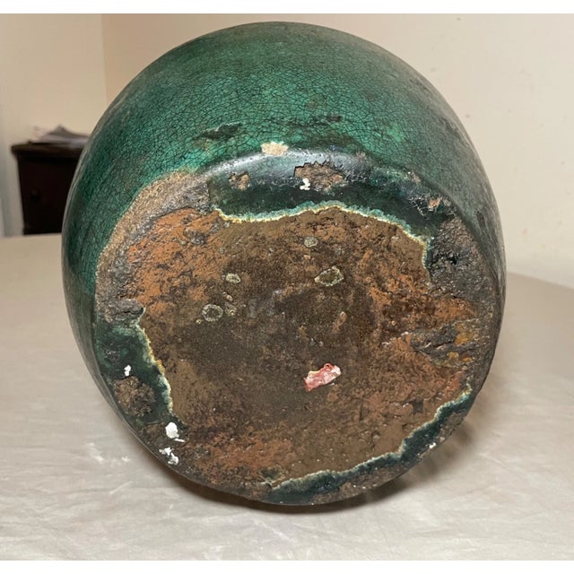 Antique Handmade Chinese Ming Dynasty Pottery Terracotta Green Glaze Wine Jug For Sale - Image 11 of 16