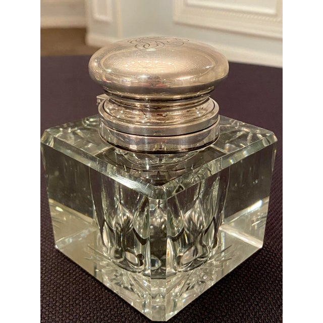 Cartier Vintage Cartier Silver and Cut Crystal Monogrammed Inkwell For Sale - Image 4 of 12