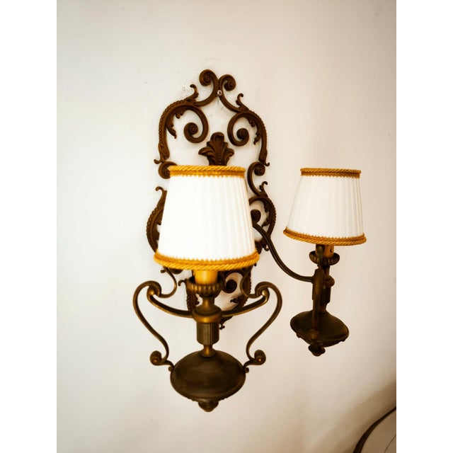 Two-Light Brass Wall Lamp with Silk Lampshades For Sale - Image 13 of 14