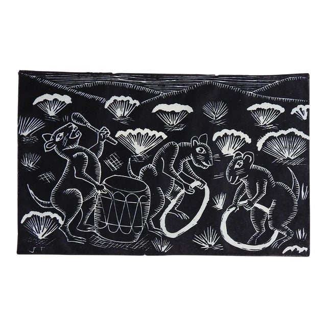 Vintage Mid 20th Century Jose Rey Hoop Dancing Rats Woodcut For Sale