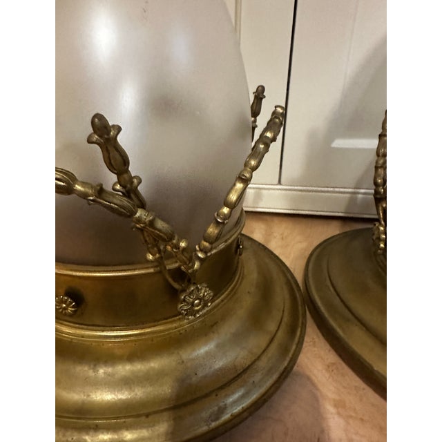 Metal Pair of Large Vintage Brass and Glass Ceiling Fixtures For Sale - Image 7 of 7