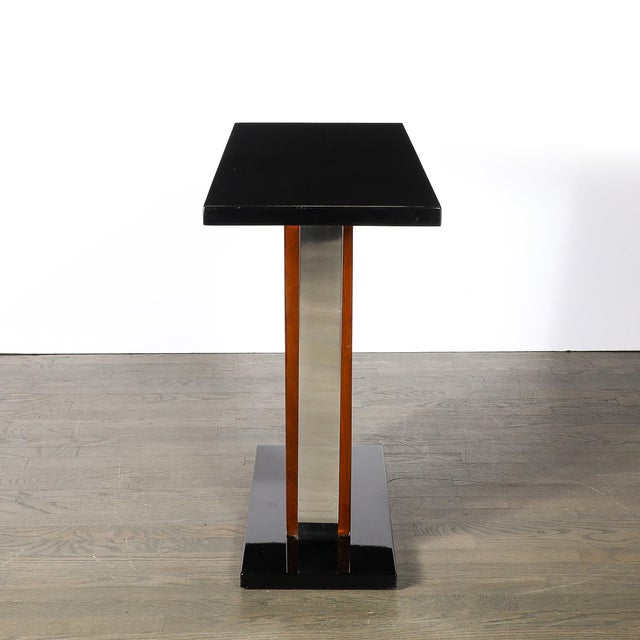 Art Deco Machine Age Console Table in Walnut, Lacquer & Banded Nickeled Supports For Sale - Image 12 of 12