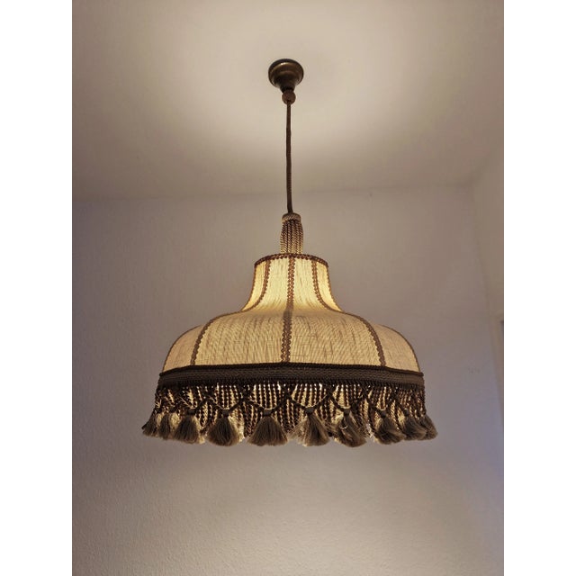 Mediterranean Vintage 60s Boho Handmade Macrame Fringing Linen Pendant Lamp With Handwoven Tassel For Sale - Image 3 of 11