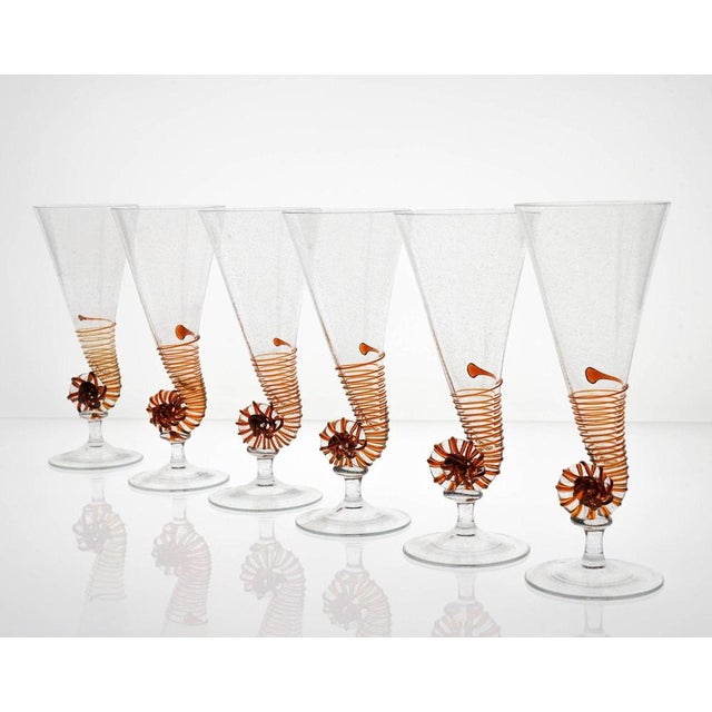 Amber Murano Glass and Pulegoso Nautilus Flutes from Cenedese, 1950s, Set of 6 For Sale - Image 6 of 18