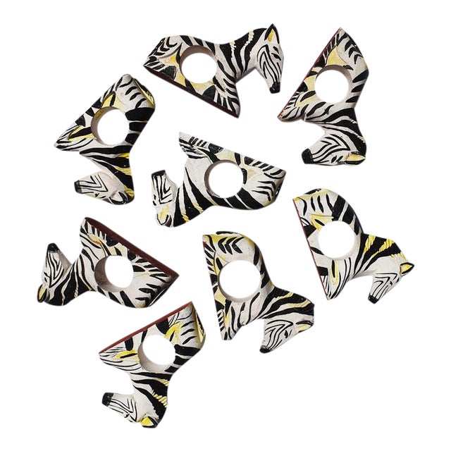 Carved Wood Zebra Animal Napkin Rings in Black and White, Philippines Set of 8 Chairish