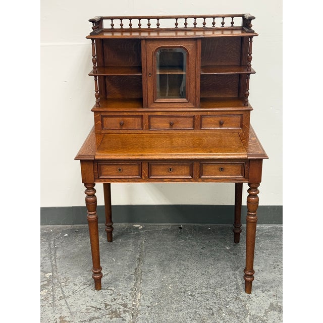 Early 20th Century Quarter-Sawn Oak Secretary Desk + Gallery Top, Antique For Sale - Image 5 of 12