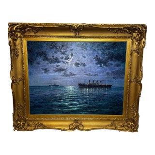 Ships That Pass in the Night — RMS Titanic Under Moonlight With RMS Olympic on the Horizon | Large Framed Oil on Canvas by Andrew Grant Kurtis For Sale