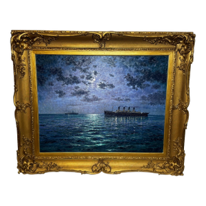 Ships That Pass in the Night — RMS Titanic Under Moonlight With RMS Olympic on the Horizon | Large Framed Oil on Canvas by Andrew Grant Kurtis