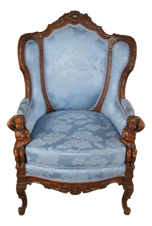 Late 19th Century Antique French Louis XVI Style Figural Carved Walnut Bergere Wingback Arm Chair